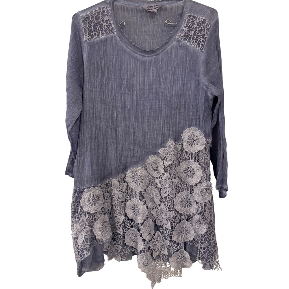 Krazy Kat Women Dusty Blue Crinkle Gauze Floral Lace Crochet Tunic Top Medium
